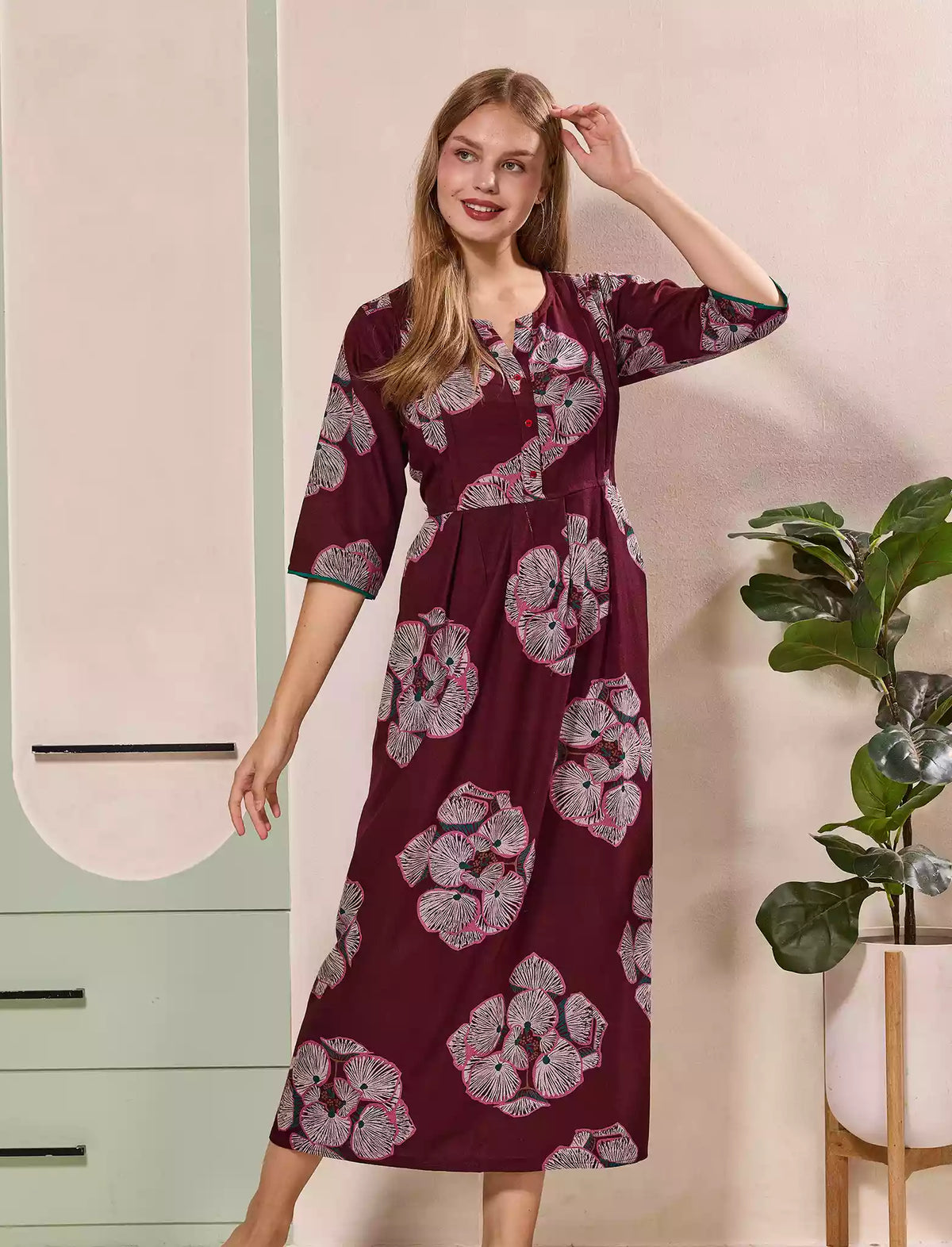 Floral Print Kurti Style Long Sleeve with Pocket – Mangai Nighties