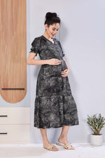 Stylish Picoting Maternity & Feeding Maxi Dress – Abstract Mineral Print Nursing Frock with Invisible Zipper & Puff Sleeves - Breastfeeding Friendly