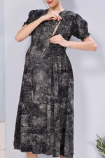 Stylish Picoting Maternity & Feeding Maxi Dress – Abstract Mineral Print Nursing Frock with Invisible Zipper & Puff Sleeves - Breastfeeding Friendly