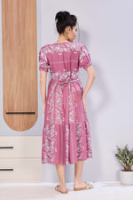 Panelled Floral Print Maternity & Feeding Maxi Dress for Women – Soft Rayon, Frilled Sleeves, Invisible Zipper, Casual Wear Frock