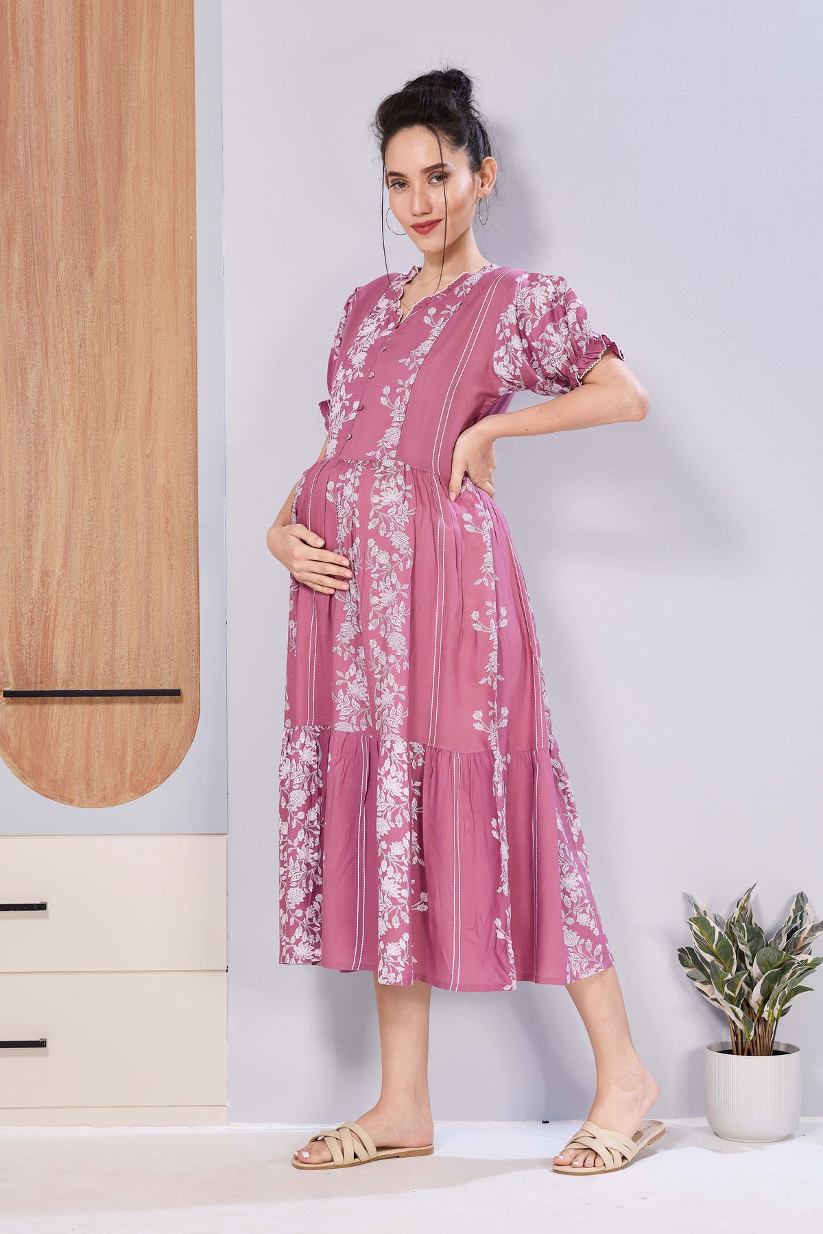 Panelled Floral Print Maternity & Feeding Maxi Dress for Women – Soft Rayon, Frilled Sleeves, Invisible Zipper, Casual Wear Frock