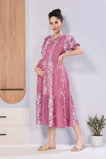 Panelled Floral Print Maternity & Feeding Maxi Dress for Women – Soft Rayon, Frilled Sleeves, Invisible Zipper, Casual Wear Frock