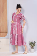 Panelled Floral Print Maternity & Feeding Maxi Dress for Women – Soft Rayon, Frilled Sleeves, Invisible Zipper, Casual Wear Frock