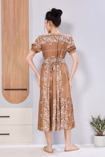 Panelled Floral Print Maternity & Feeding Maxi Dress for Women – Soft Rayon, Frilled Sleeves, Invisible Zipper, Casual Wear Frock