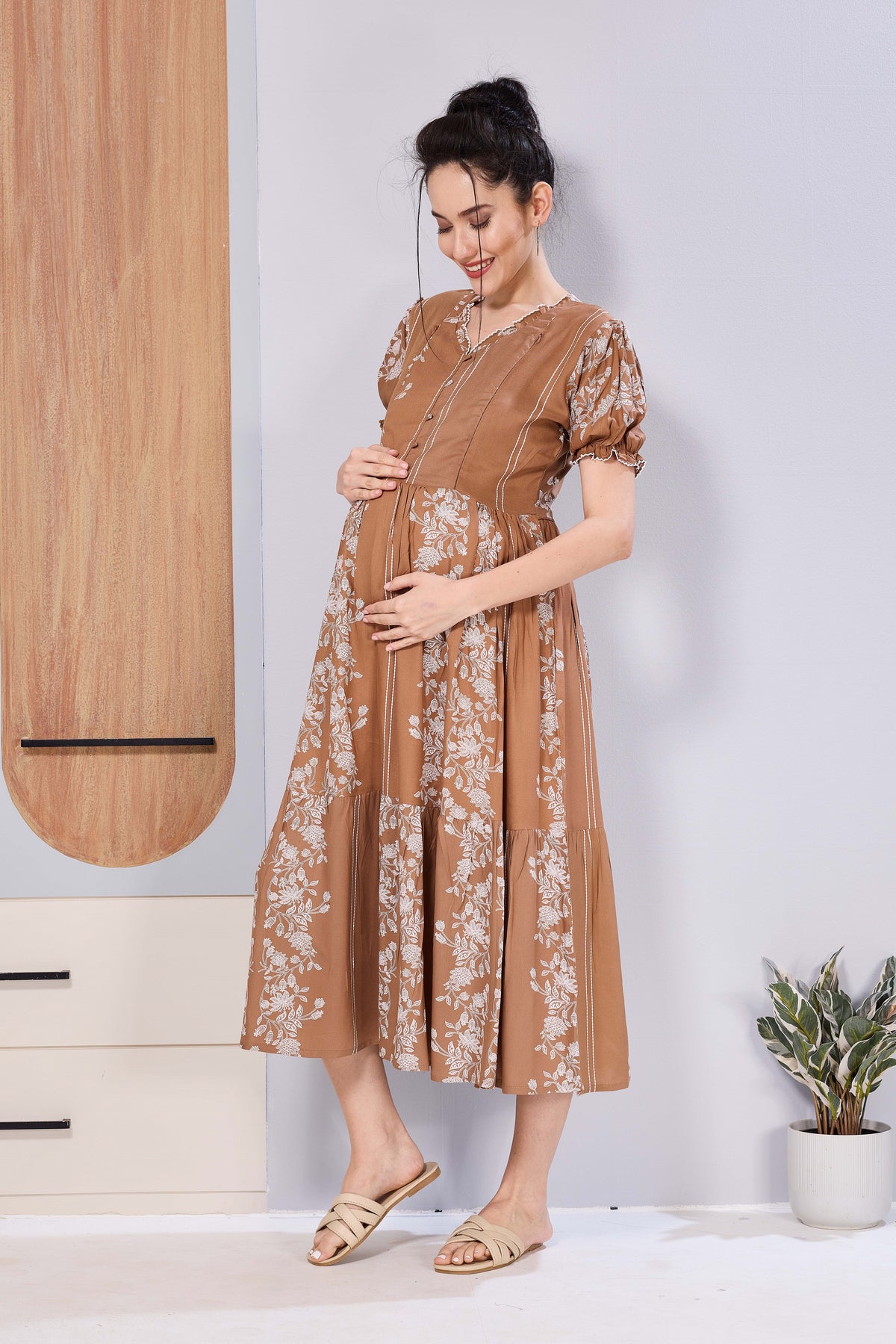 Panelled Floral Print Maternity & Feeding Maxi Dress for Women – Soft Rayon, Frilled Sleeves, Invisible Zipper, Casual Wear Frock