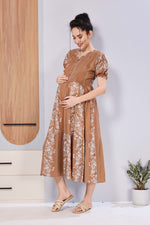 Panelled Floral Print Maternity & Feeding Maxi Dress for Women – Soft Rayon, Frilled Sleeves, Invisible Zipper, Casual Wear Frock