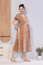 Panelled Floral Print Maternity & Feeding Maxi Dress for Women – Soft Rayon, Frilled Sleeves, Invisible Zipper, Casual Wear Frock