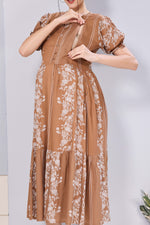 Panelled Floral Print Maternity & Feeding Maxi Dress for Women – Soft Rayon, Frilled Sleeves, Invisible Zipper, Casual Wear Frock