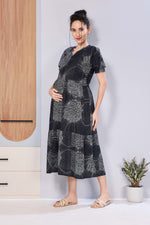 Abstract Floral Pregnancy & Feeding Maxi Dress – Soft Rayon, Printed Pattern, Frilled Sleeve, Invisible Zipper Casual Wear Frock