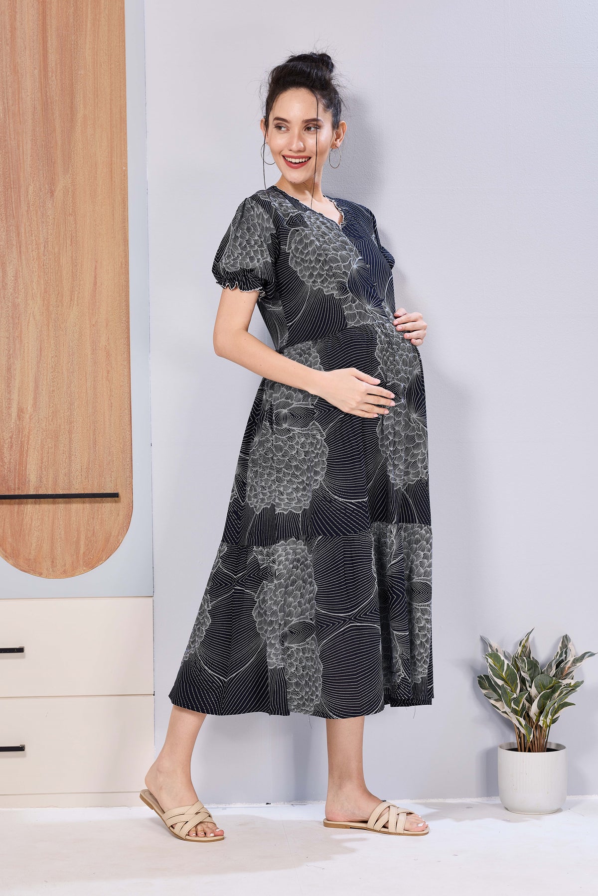 Abstract Floral Pregnancy & Feeding Maxi Dress – Soft Rayon, Printed Pattern, Frilled Sleeve, Invisible Zipper Casual Wear Frock