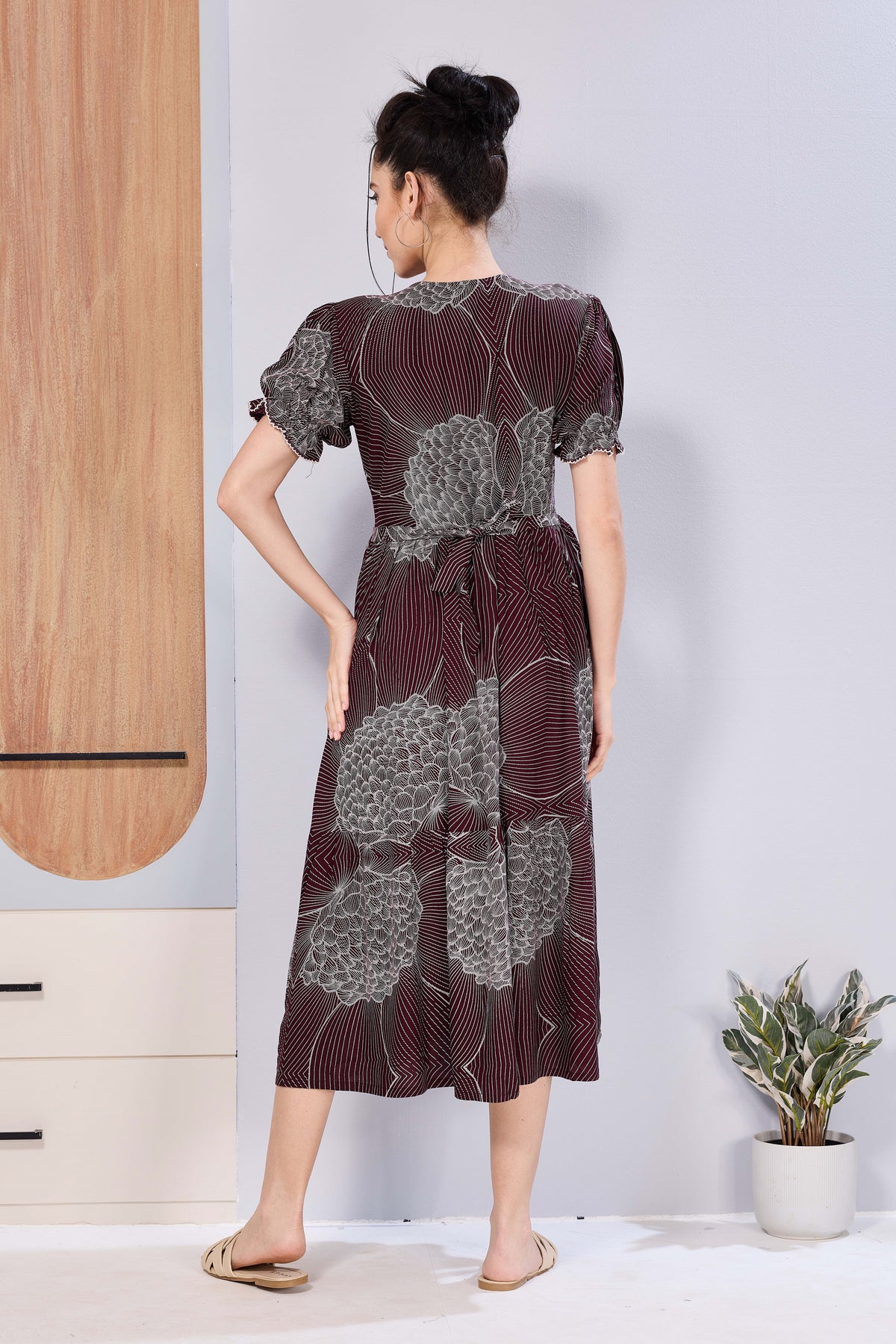 Abstract Floral Pregnancy & Feeding Maxi Dress – Soft Rayon, Printed Pattern, Frilled Sleeve, Invisible Zipper Casual Wear Frock