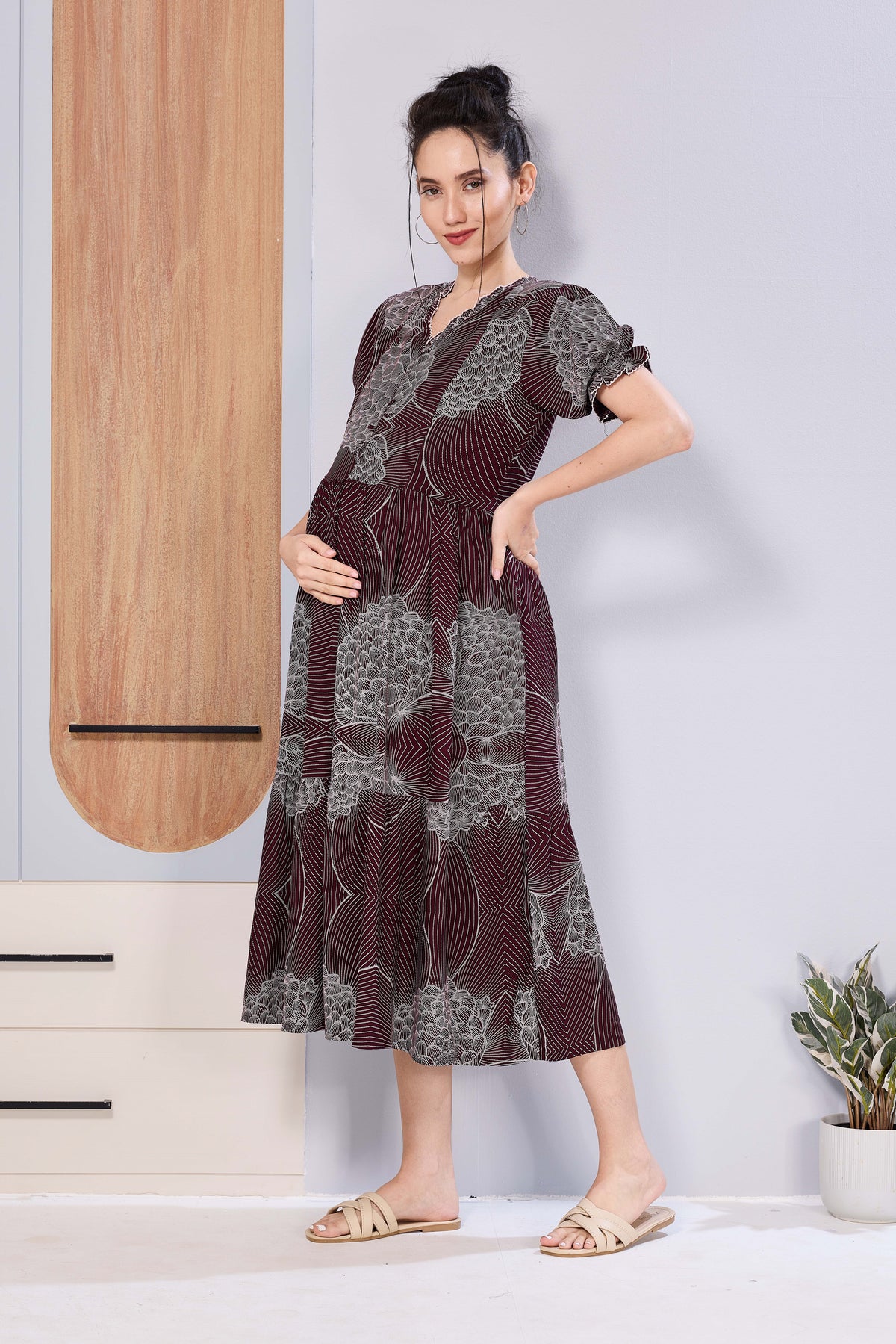 Abstract Floral Pregnancy & Feeding Maxi Dress – Soft Rayon, Printed Pattern, Frilled Sleeve, Invisible Zipper Casual Wear Frock