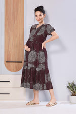 Abstract Floral Pregnancy & Feeding Maxi Dress – Soft Rayon, Printed Pattern, Frilled Sleeve, Invisible Zipper Casual Wear Frock