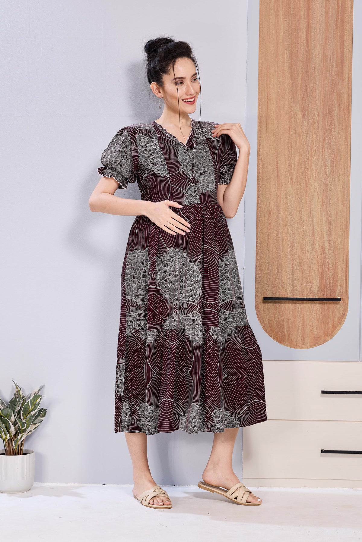 Abstract Floral Pregnancy & Feeding Maxi Dress – Soft Rayon, Printed Pattern, Frilled Sleeve, Invisible Zipper Casual Wear Frock
