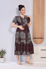 Abstract Floral Pregnancy & Feeding Maxi Dress – Soft Rayon, Printed Pattern, Frilled Sleeve, Invisible Zipper Casual Wear Frock