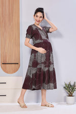 Abstract Floral Pregnancy & Feeding Maxi Dress – Soft Rayon, Printed Pattern, Frilled Sleeve, Invisible Zipper Casual Wear Frock