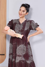 Abstract Floral Pregnancy & Feeding Maxi Dress – Soft Rayon, Printed Pattern, Frilled Sleeve, Invisible Zipper Casual Wear Frock