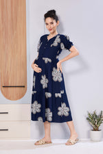 Oversized Stylized Floral Picoting Maternity & Feeding Maxi Dress for Women – Comfort Casual Maxi Frock with Invisible Zipper Nursing Wear