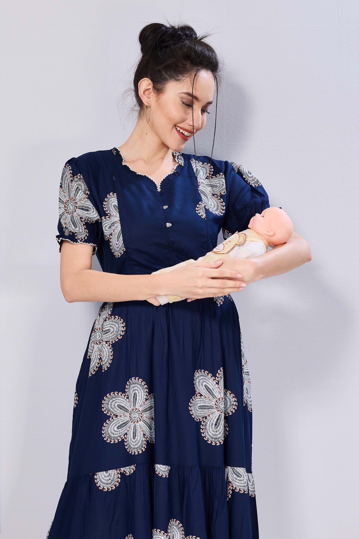 Oversized Stylized Floral Picoting Maternity & Feeding Maxi Dress for Women – Comfort Casual Maxi Frock with Invisible Zipper Nursing Wear