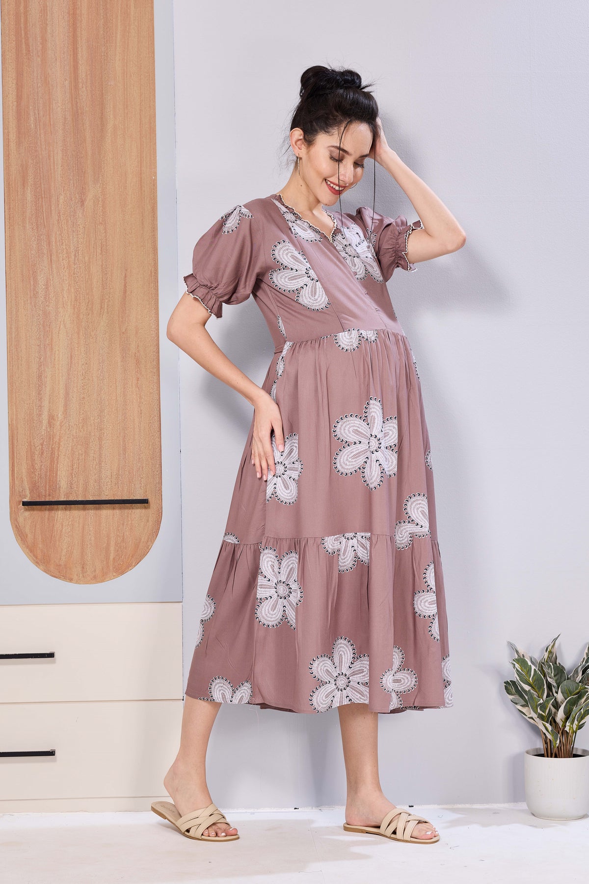 Oversized Stylized Floral Picoting Maternity & Feeding Maxi Dress for Women – Comfort Casual Maxi Frock with Invisible Zipper Nursing Wear