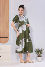Stylish Picoting Maternity & Feeding Maxi Dress – Black & Grey Watercolour Floral Nursing Frock with Invisible Zipper & Frill Sleeves
