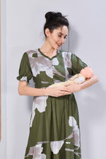 Stylish Picoting Maternity & Feeding Maxi Dress – Black & Grey Watercolour Floral Nursing Frock with Invisible Zipper & Frill Sleeves