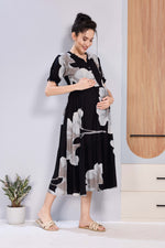 Stylish Picoting Maternity & Feeding Maxi Dress – Black & Grey Watercolour Floral Nursing Frock with Invisible Zipper & Frill Sleeves