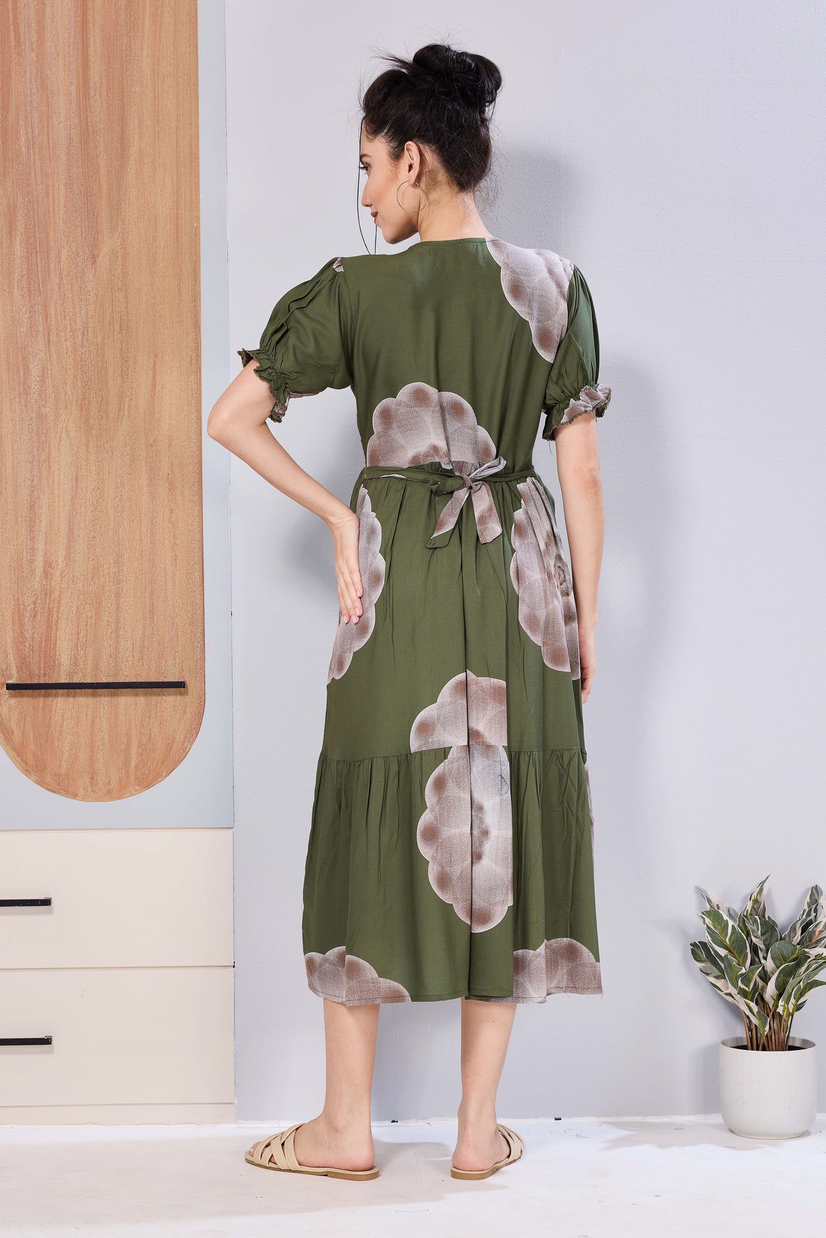 Stylish Picoting Maternity & Feeding Maxi Dress – Olive Green Watercolour Floral Nursing Frock with Invisible Zipper & Frill Sleeves