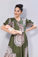 Stylish Picoting Maternity & Feeding Maxi Dress – Olive Green Watercolour Floral Nursing Frock with Invisible Zipper & Frill Sleeves