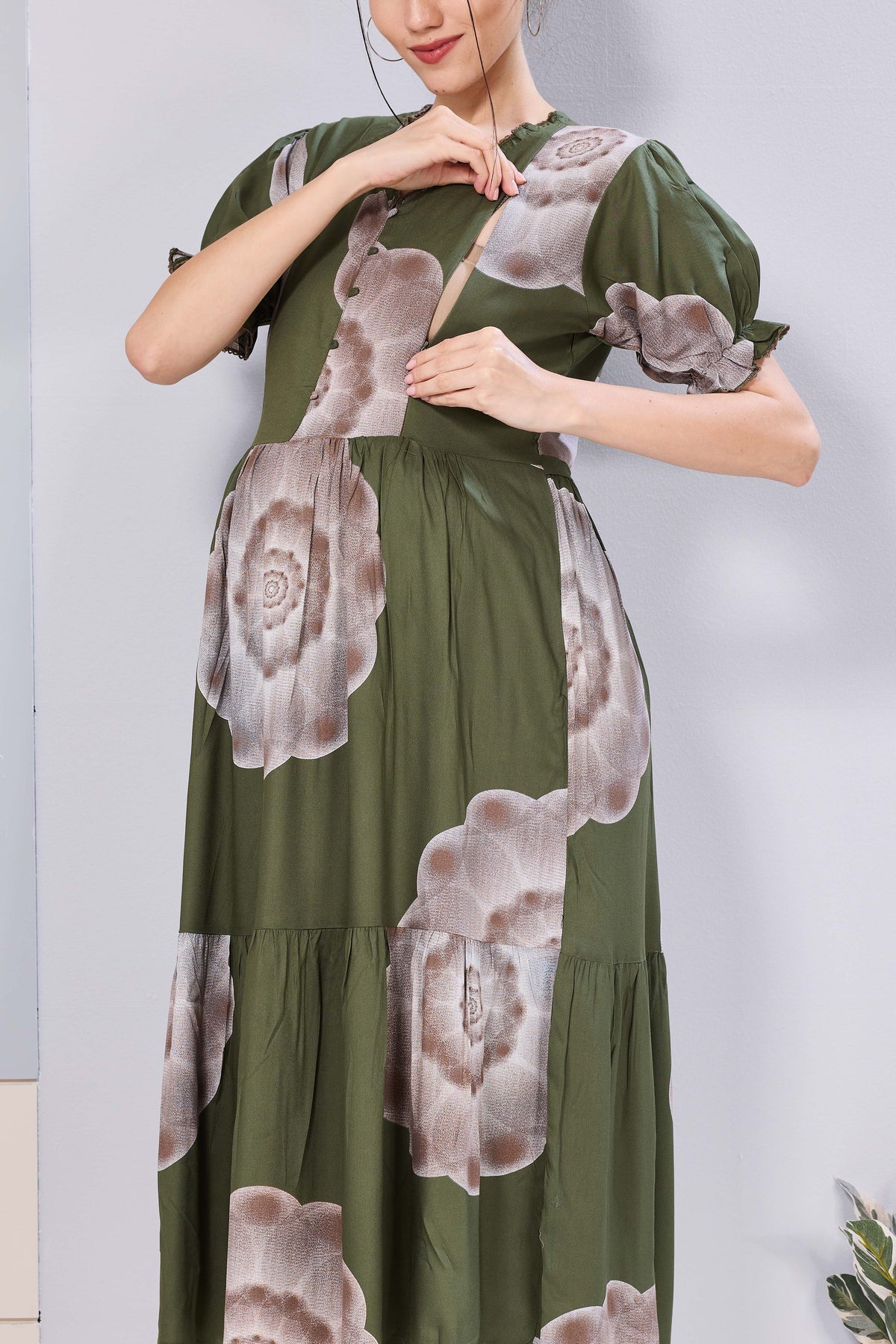 Stylish Picoting Maternity & Feeding Maxi Dress – Olive Green Watercolour Floral Nursing Frock with Invisible Zipper & Frill Sleeves