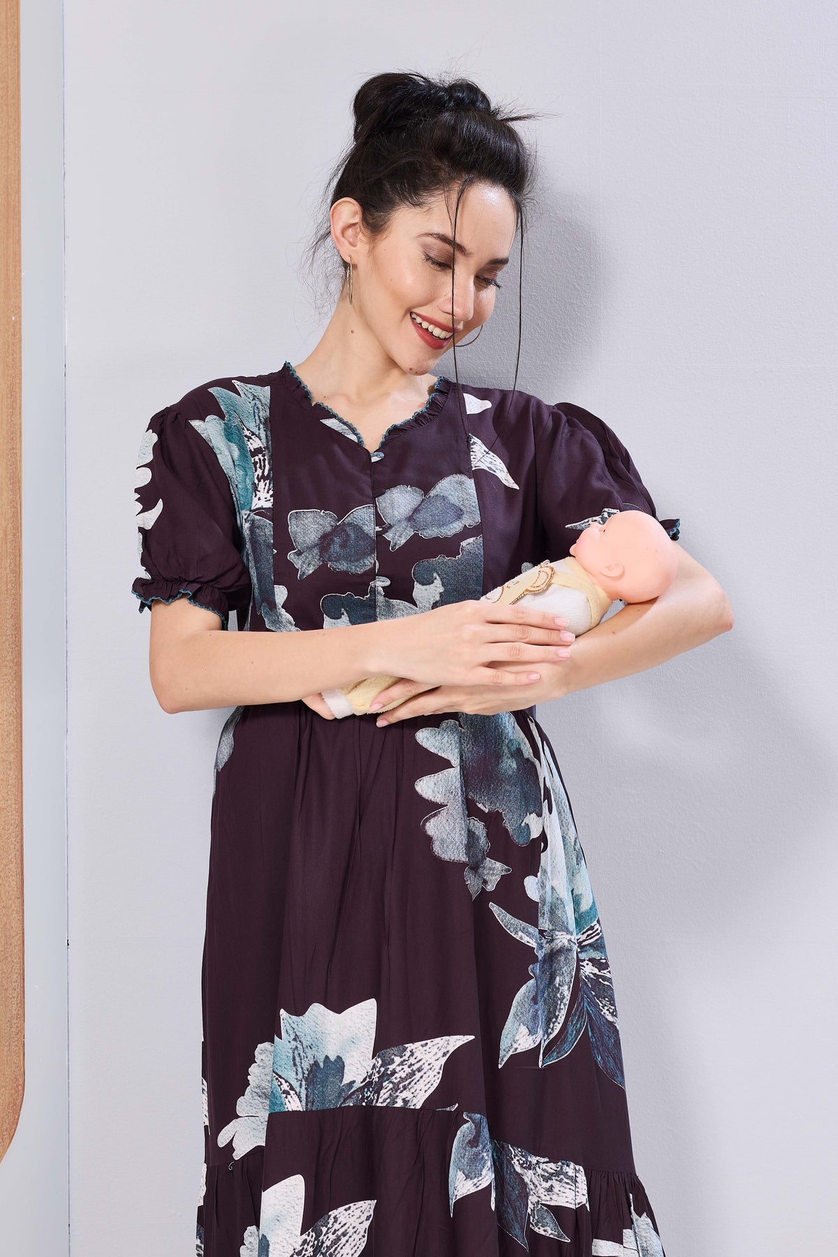 Stylish Picoting Maternity & Feeding Maxi Dress – Coffee Brown Leaf Line-Art Nursing Frock with Invisible Zipper & Frill Sleeves