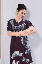 Stylish Picoting Maternity & Feeding Maxi Dress – Coffee Brown Leaf Line-Art Nursing Frock with Invisible Zipper & Frill Sleeves