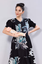 Stylish Picoting Maternity & Feeding Maxi Dress – Coffee Brown Leaf Line-Art Nursing Frock with Invisible Zipper & Frill Sleeves