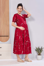 Stylish Picoting Maternity & Feeding Maxi Dress – Red Cherry Blossom Floral Nursing Frock with Invisible Zipper & Scalloped Sleeves