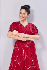 Stylish Picoting Maternity & Feeding Maxi Dress – Red Cherry Blossom Floral Nursing Frock with Invisible Zipper & Scalloped Sleeves