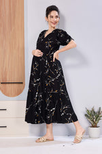 Stylish Picoting Maternity & Feeding Maxi Dress – Red Cherry Blossom Floral Nursing Frock with Invisible Zipper & Scalloped Sleeves