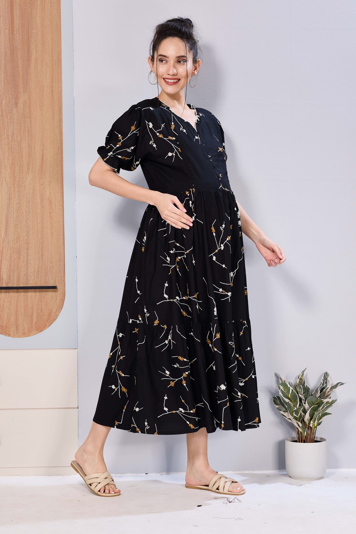 Stylish Picoting Maternity & Feeding Maxi Dress – Red Cherry Blossom Floral Nursing Frock with Invisible Zipper & Scalloped Sleeves