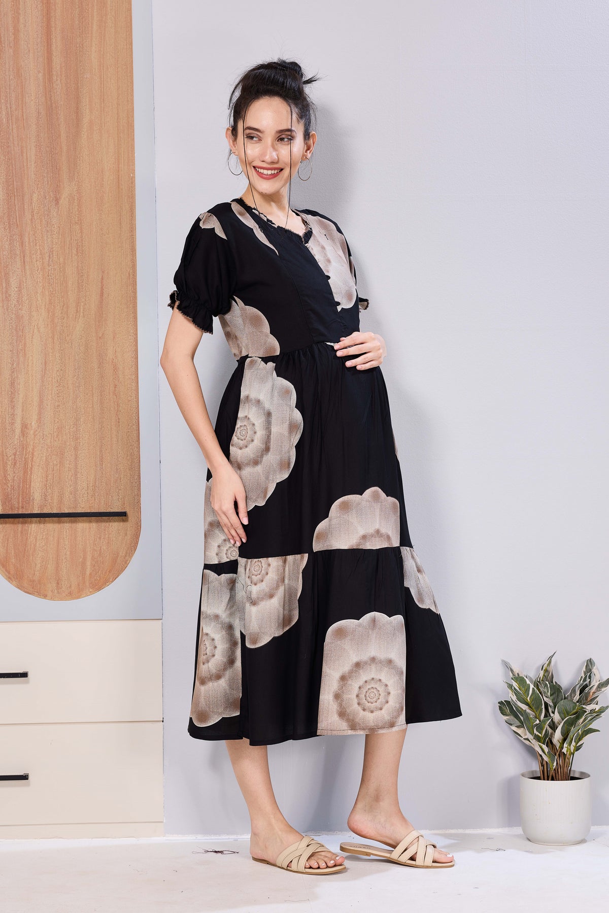 Stylish Picoting Maternity & Feeding Maxi Dress – Olive Green Watercolour Floral Nursing Frock with Invisible Zipper & Frill Sleeves