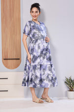 Women’s Maternity Maxi Frock – Soft & Smooth Rayon Fabric, Printed Design, Frilled Sleeves, Comfortable Pregnancy Wear Dress