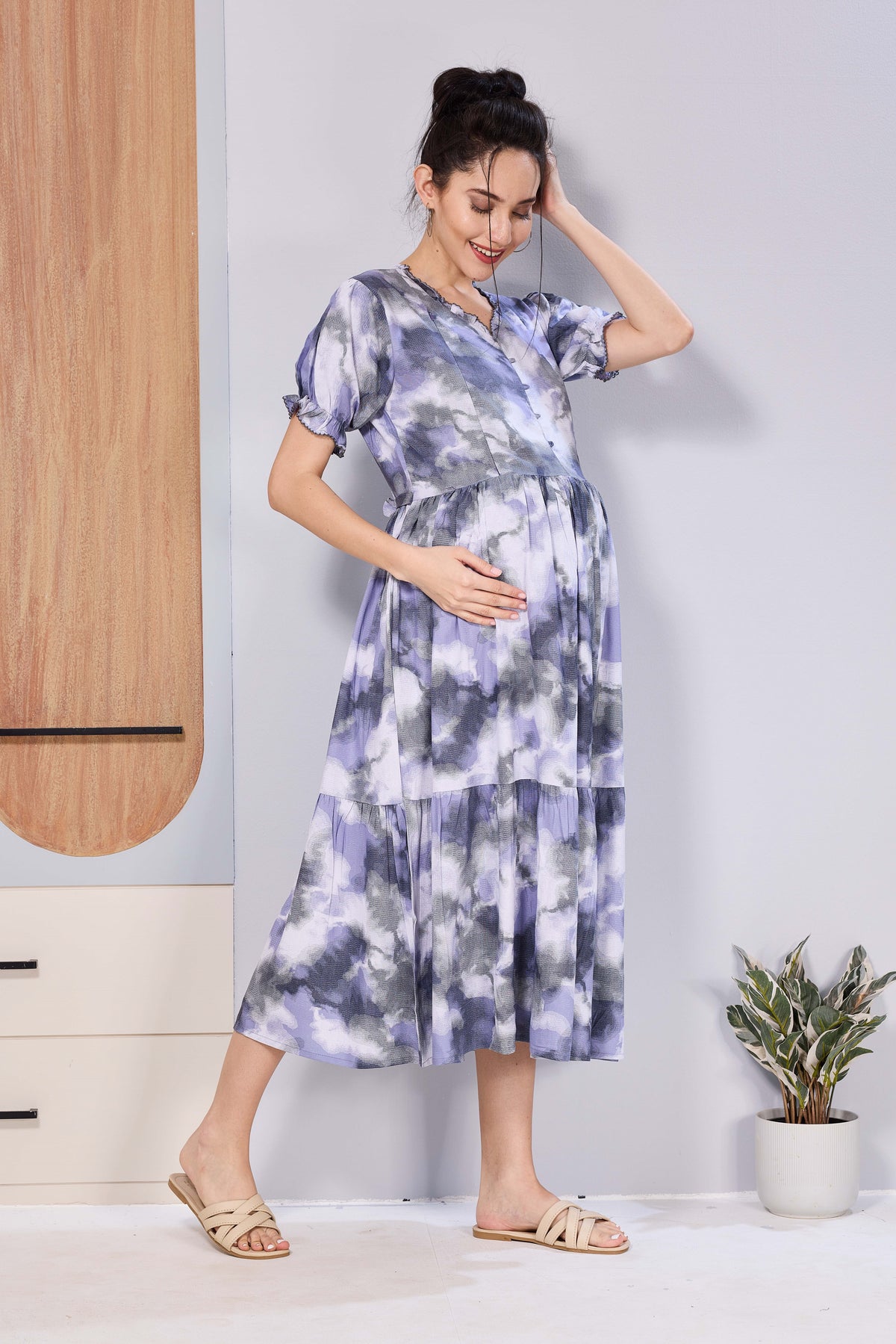 Women’s Maternity Maxi Frock – Soft & Smooth Rayon Fabric, Printed Design, Frilled Sleeves, Comfortable Pregnancy Wear Dress