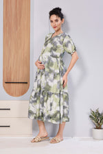 Women’s Maternity Maxi Frock – Soft & Smooth Rayon Fabric, Printed Design, Frilled Sleeves, Comfortable Pregnancy Wear Dress
