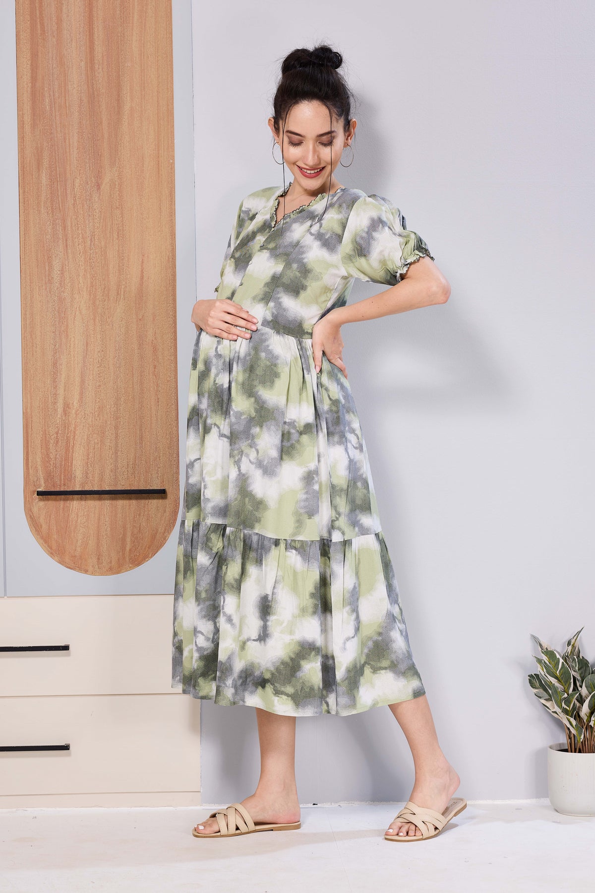 Women’s Maternity Maxi Frock – Soft & Smooth Rayon Fabric, Printed Design, Frilled Sleeves, Comfortable Pregnancy Wear Dress