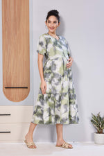 Women’s Maternity Maxi Frock – Soft & Smooth Rayon Fabric, Printed Design, Frilled Sleeves, Comfortable Pregnancy Wear Dress