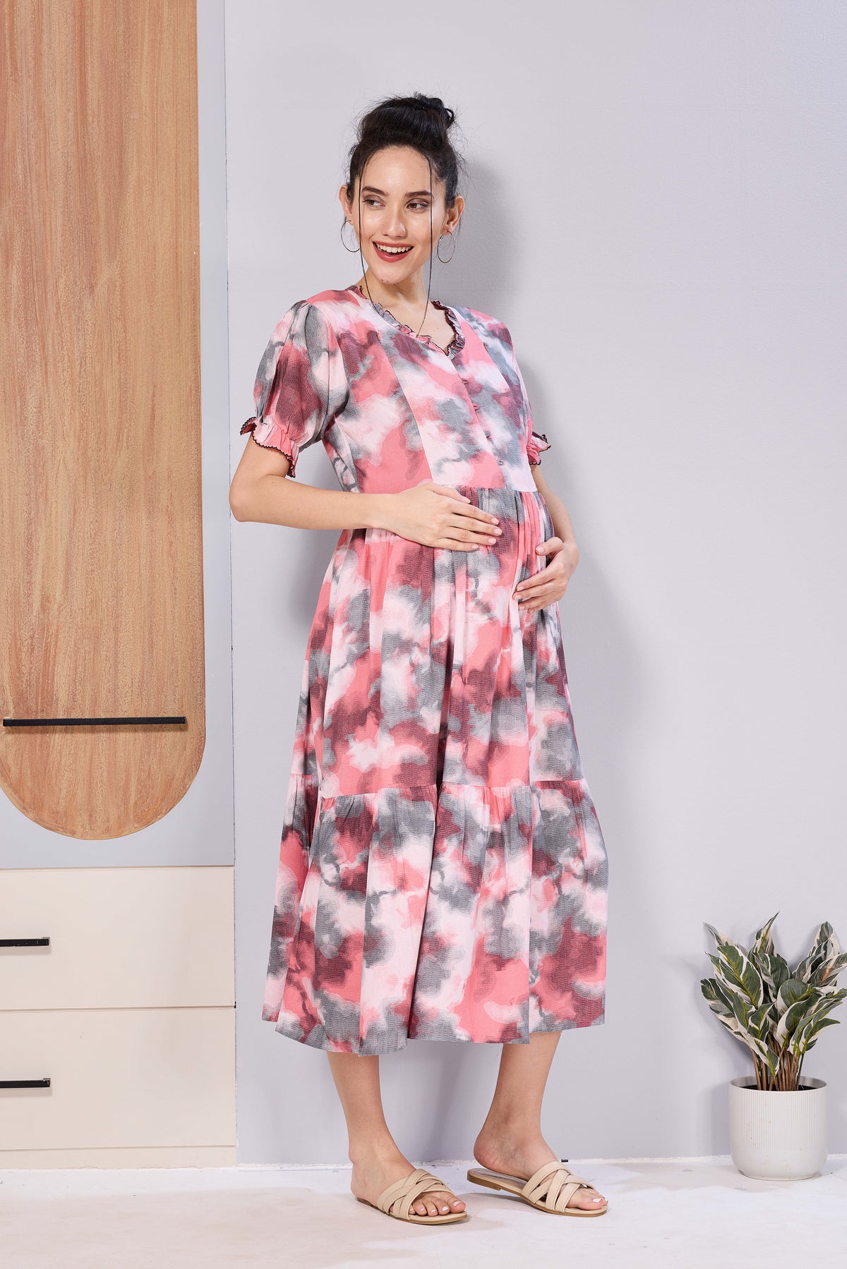 Women’s Maternity Maxi Frock – Soft & Smooth Rayon Fabric, Printed Design, Frilled Sleeves, Comfortable Pregnancy Wear Dress