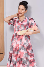 Women’s Maternity Maxi Frock – Soft & Smooth Rayon Fabric, Printed Design, Frilled Sleeves, Comfortable Pregnancy Wear Dress