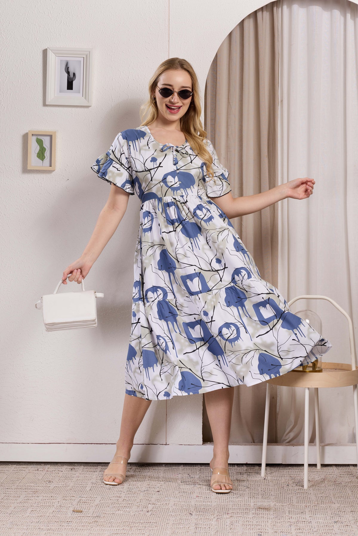 Rayon MAXI FROCK Model Nighties | Fancy Petal Sleeve | Fancy Neck & Side Pocket | Pleated Frock MAXI Style | Trendy Collection's for Stylish Women & Teenage Girl (PSG-H)