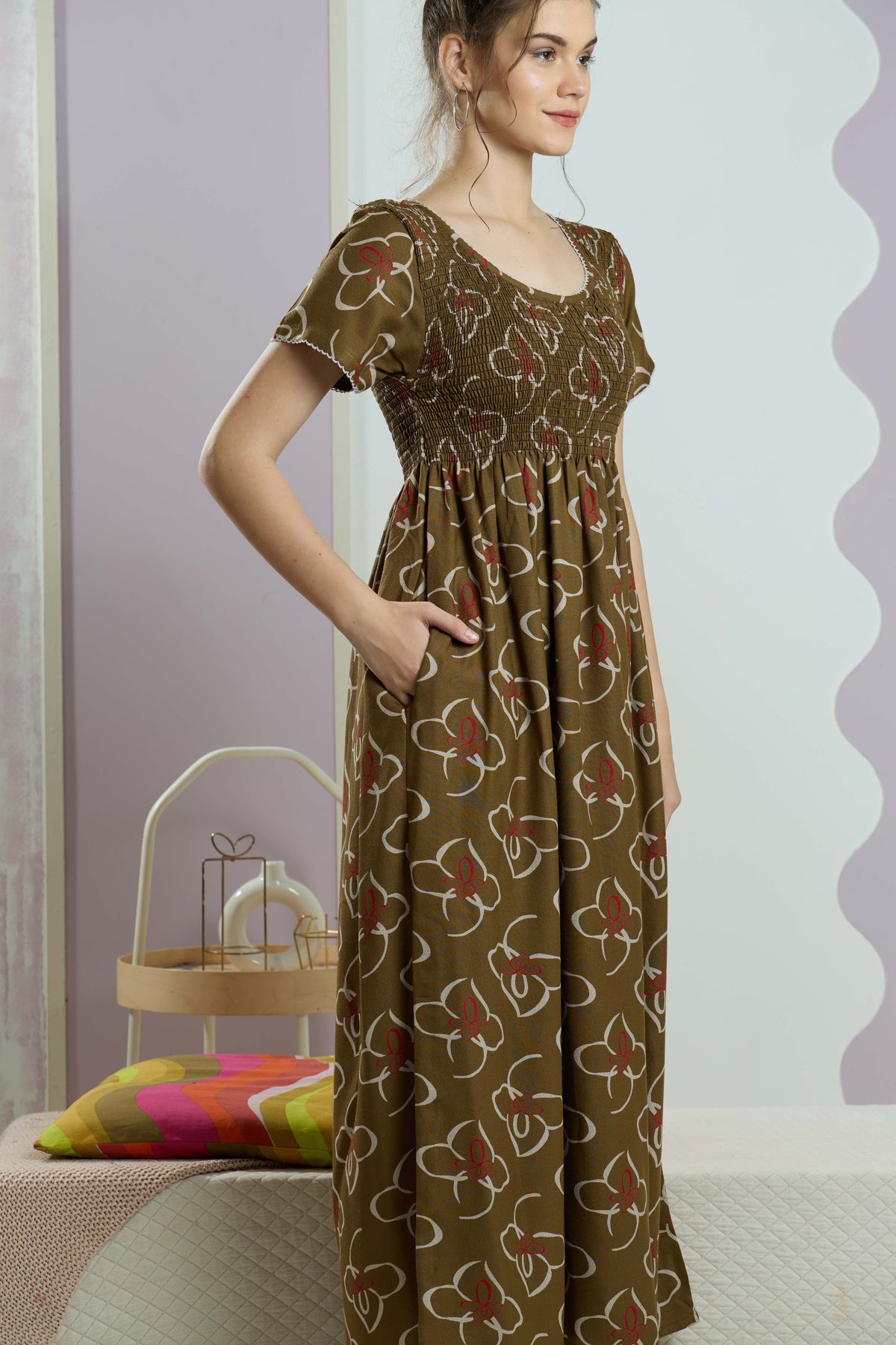 ALPINE Smocking Nighty | Beautiful Pleated Design | Side Pocket | Stylish Nighty for Trendy Women's | Your Perfect Nightwear Collection's (SAP)