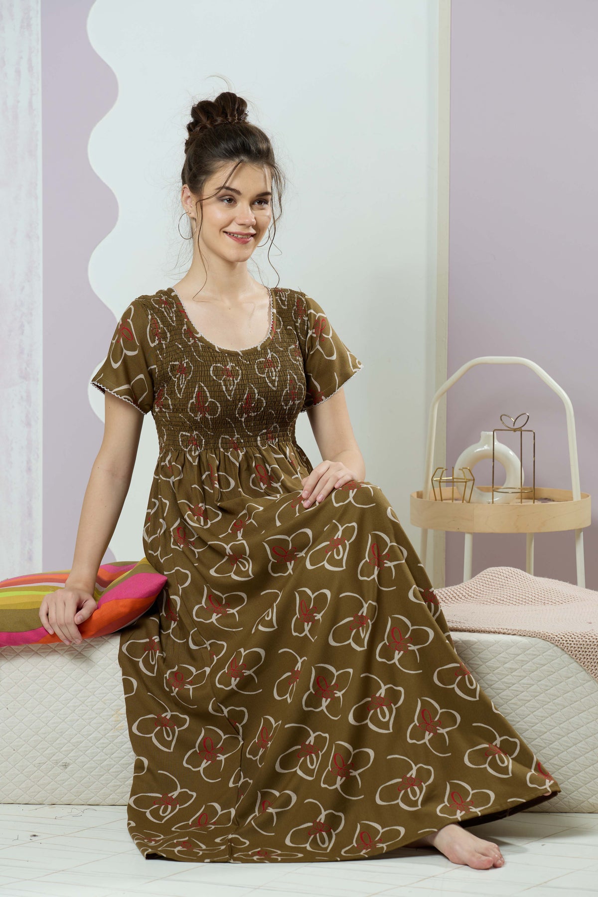 ALPINE Smocking Nighty | Beautiful Pleated Design | Side Pocket | Stylish Nighty for Trendy Women's | Your Perfect Nightwear Collection's (SAP)