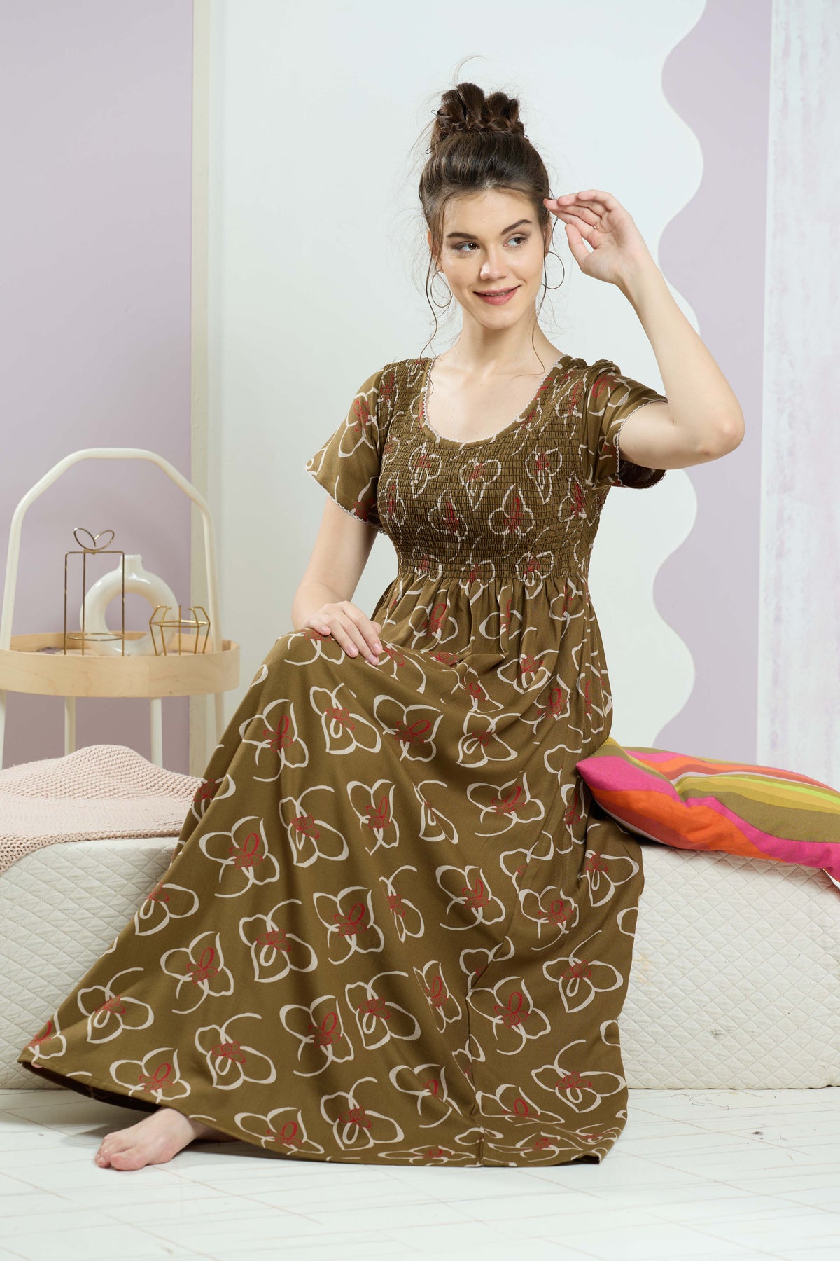 ALPINE Smocking Nighty | Beautiful Pleated Design | Side Pocket | Stylish Nighty for Trendy Women's | Your Perfect Nightwear Collection's (SAP)