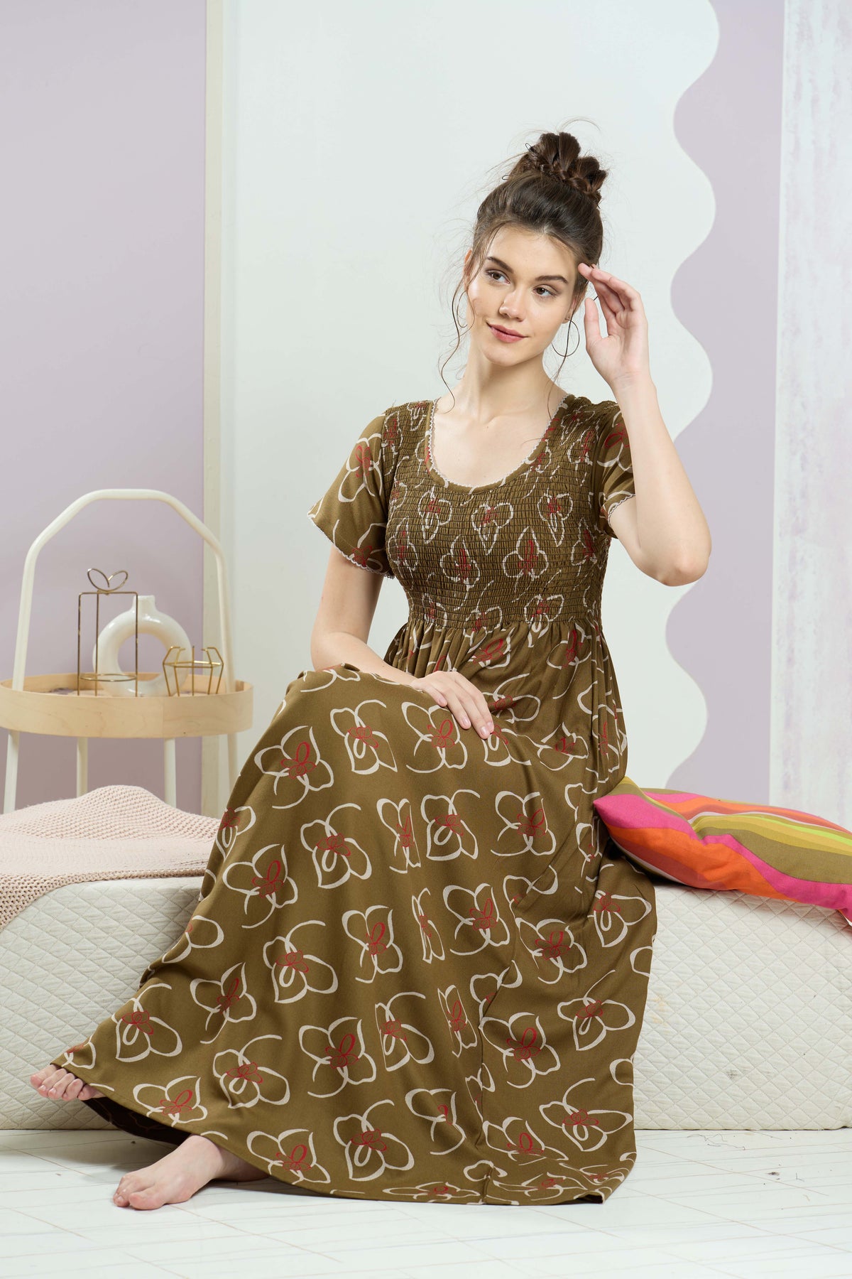 ALPINE Smocking Nighty | Beautiful Pleated Design | Side Pocket | Stylish Nighty for Trendy Women's | Your Perfect Nightwear Collection's (SAP)